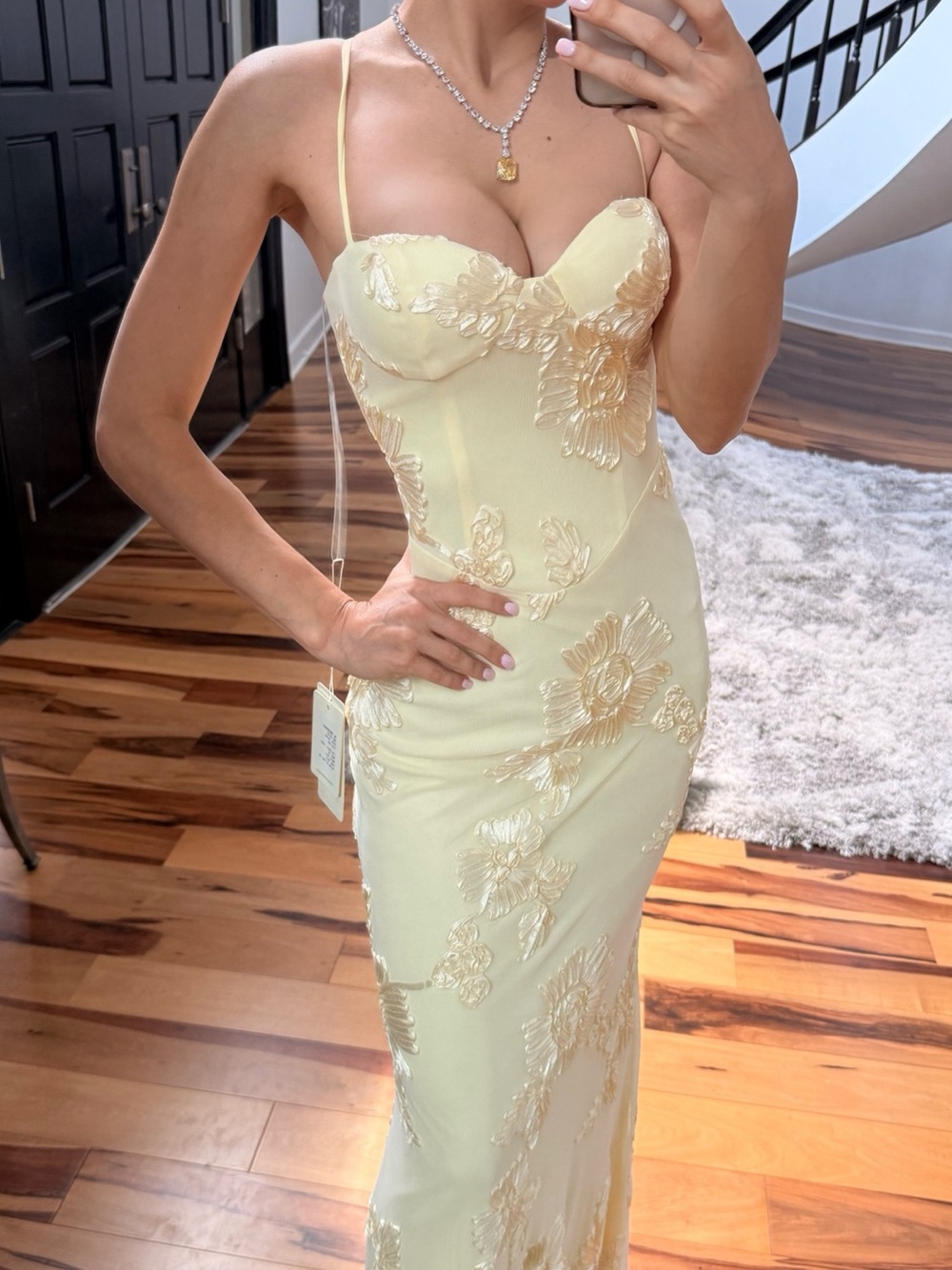 Elegant Butter Yellow Floral Embroidered Maxi Dress